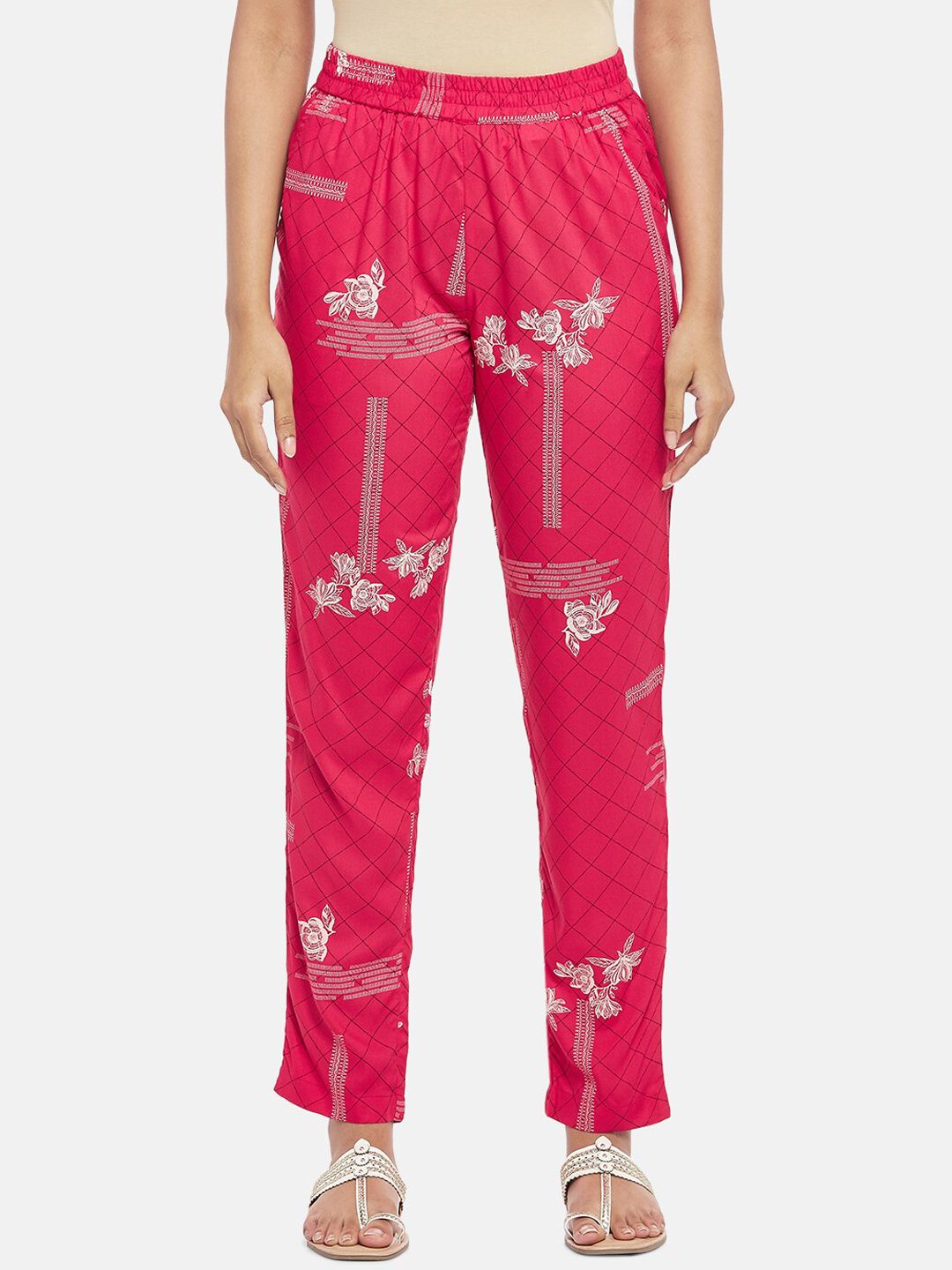 AKKRITI BY PANTALOONS Women Fuchsia Pink & White Floral Printed Pure Cotton Trousers Price in India