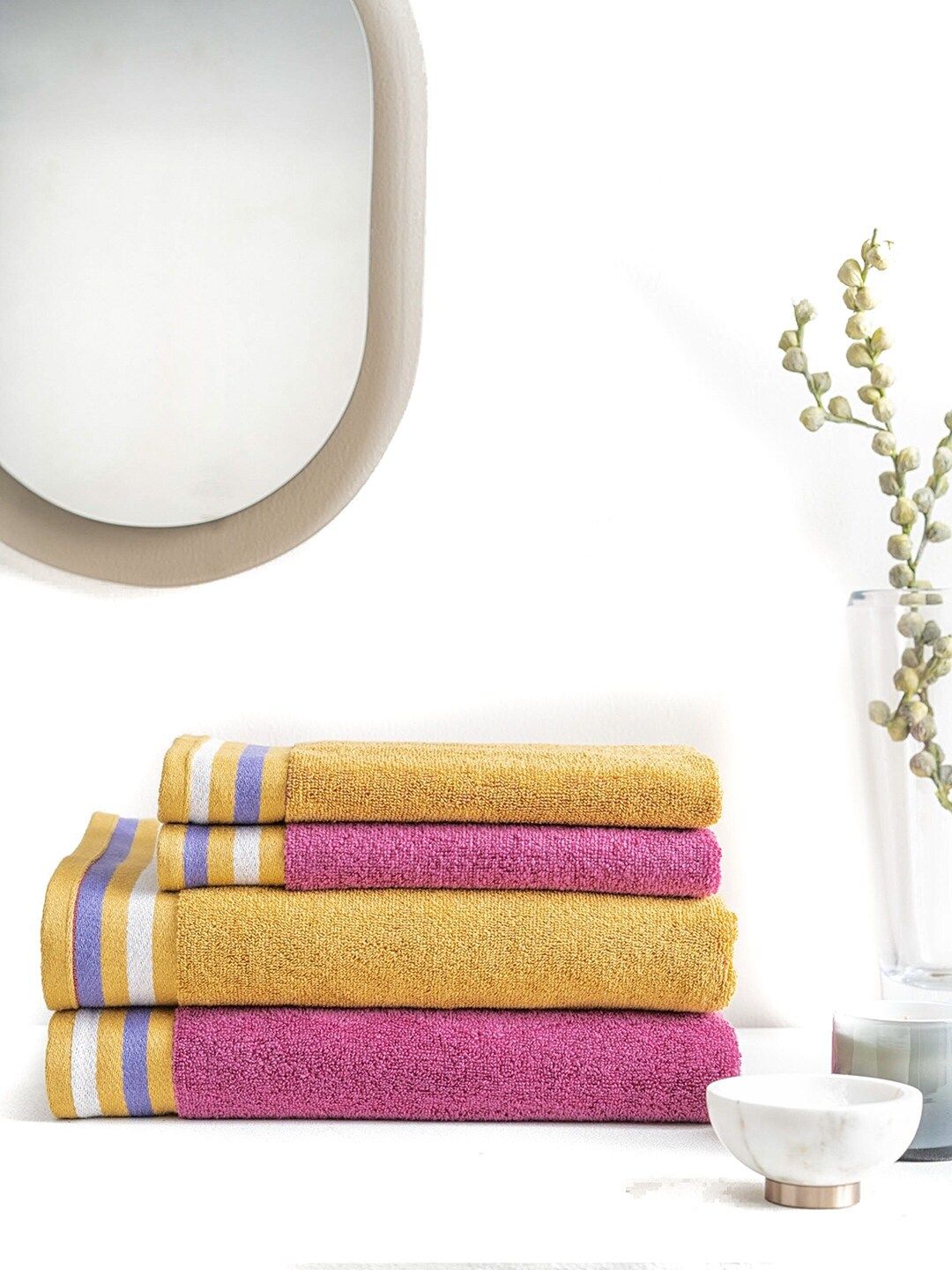 DDecor Pink & Yellow Set Of 4 Solid Pure Cotton 550 GSM Towel Set Price in India