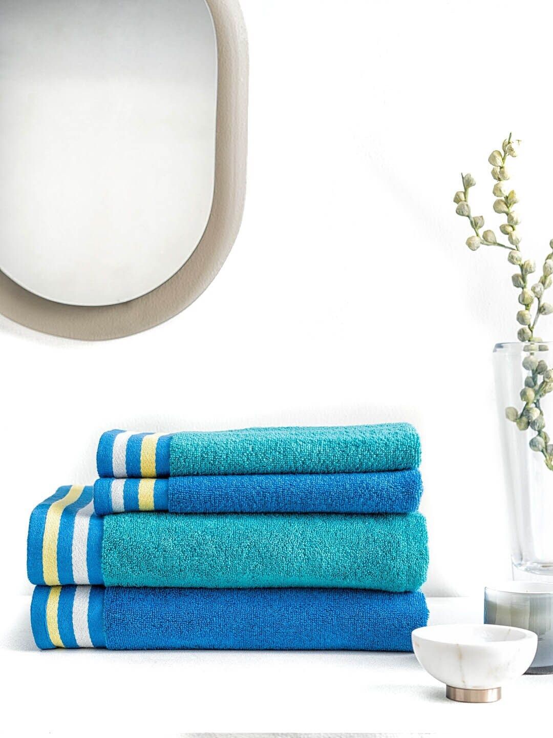 DDecor Blue & Sea Green Set Of 4 Solid 500 GSM Cotton Towels Price in India