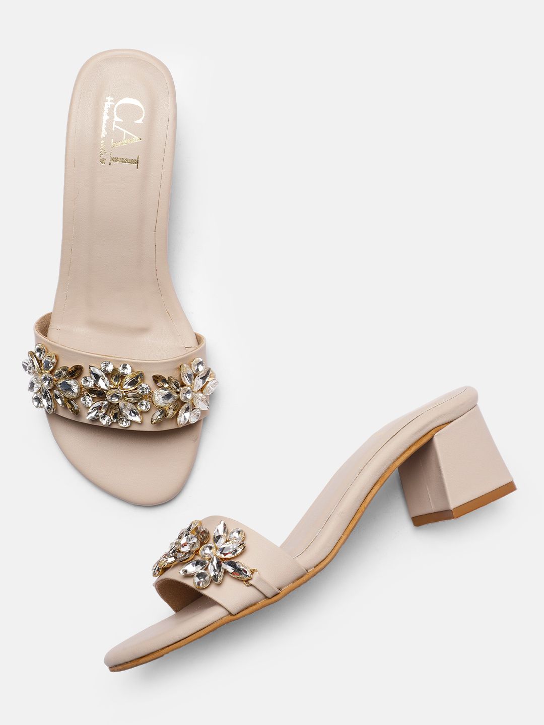 CAI Beige Embellished Block Sandals Price in India