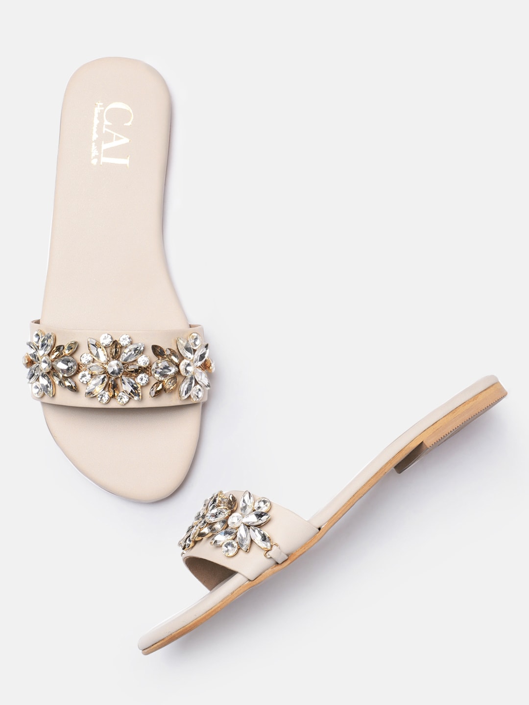 CAI Women Cream-Coloured Embellished Open Toe Flats Price in India