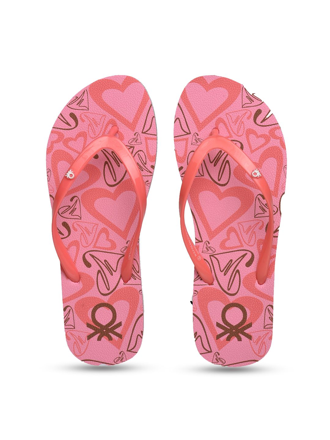 United Colors of Benetton Women Coral & White Printed Rubber Thong Flip-Flops Price in India