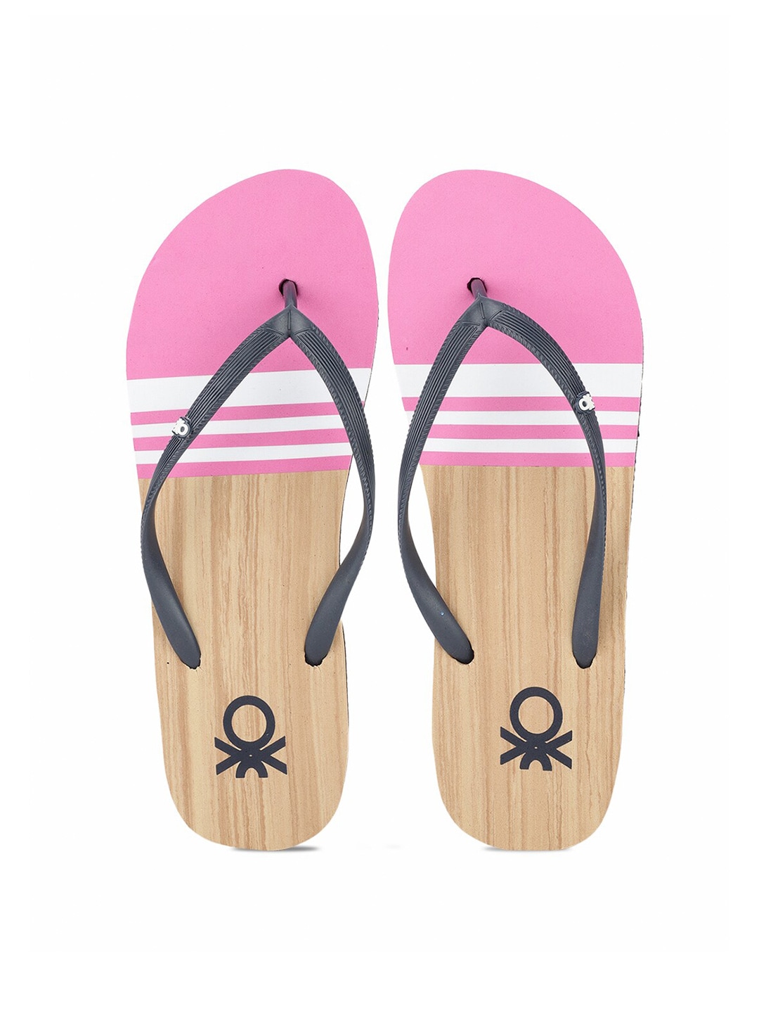United Colors of Benetton Women Grey & Pink Striped Rubber Thong Flip-Flops Price in India
