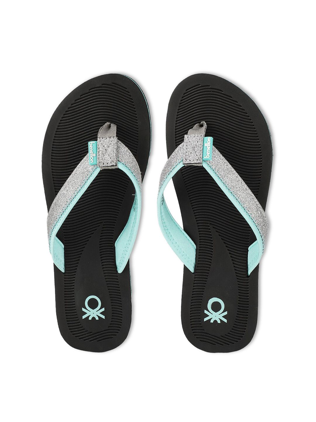 United Colors of Benetton Women Black & Turquoise Blue Rubber Thong Flip-Flops Price in India