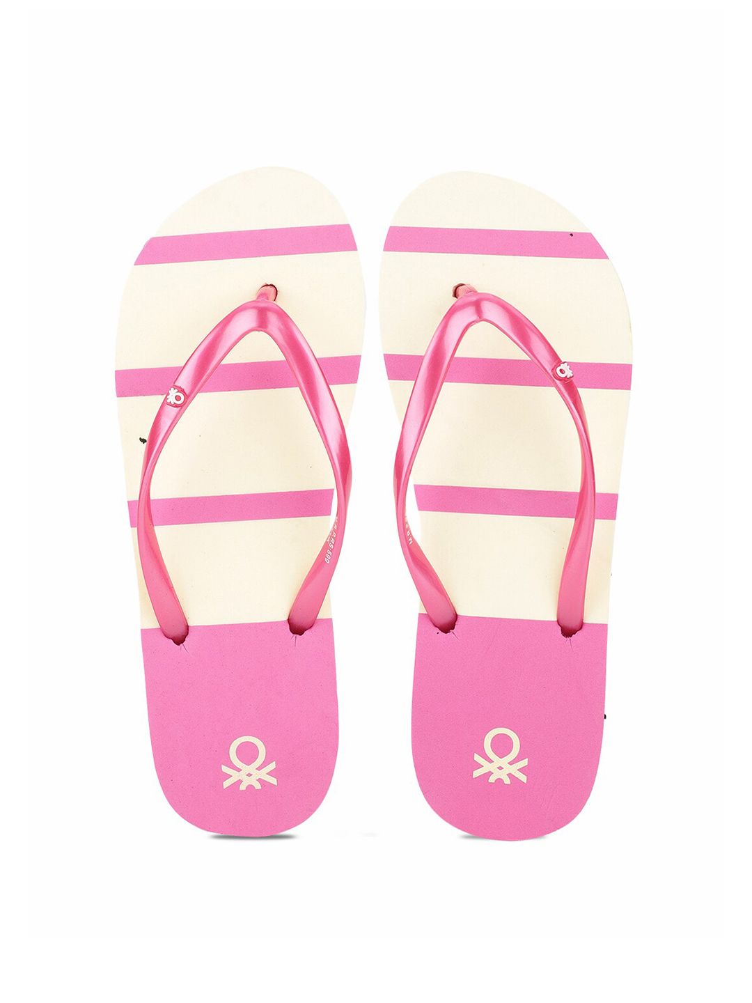 United Colors of Benetton Women Pink & Cream-Coloured Striped Rubber Thong Flip-Flops Price in India