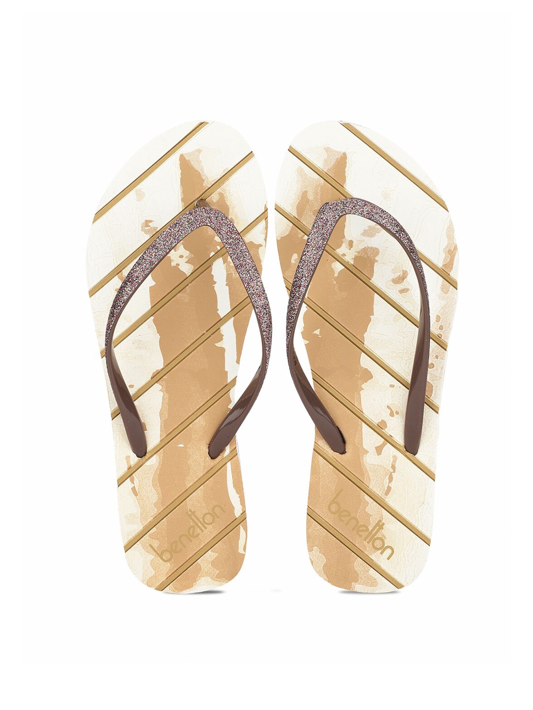 United Colors of Benetton Women Brown & White Printed Rubber Thong Flip-Flops Price in India
