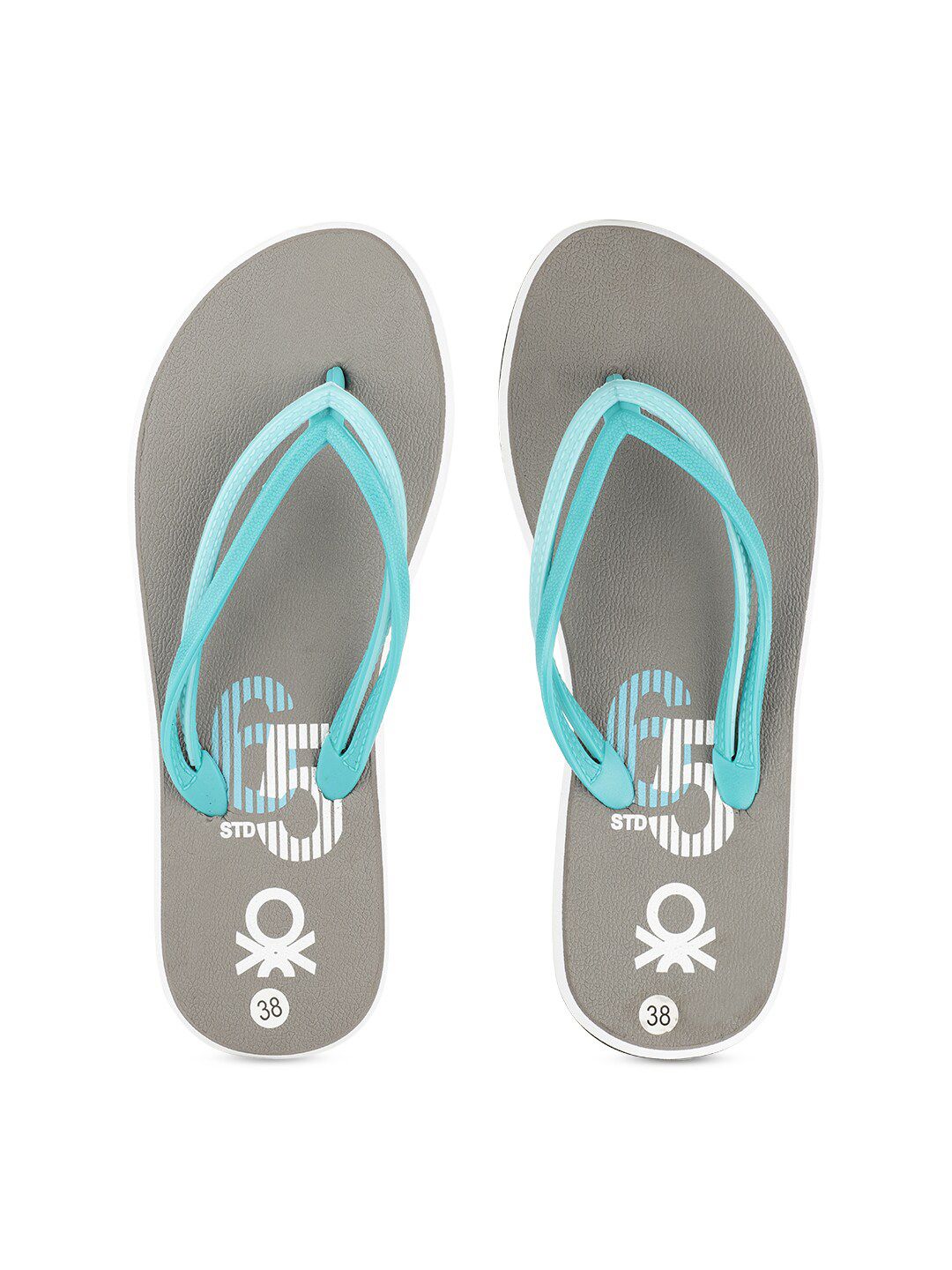 United Colors of Benetton Women Grey & Blue Printed Rubber Thong Flip-Flops Price in India