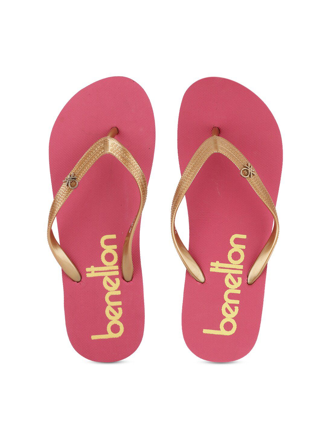 United Colors of Benetton Women Gold-Toned & Fuchsia Printed Rubber Thong Flip-Flops Price in India