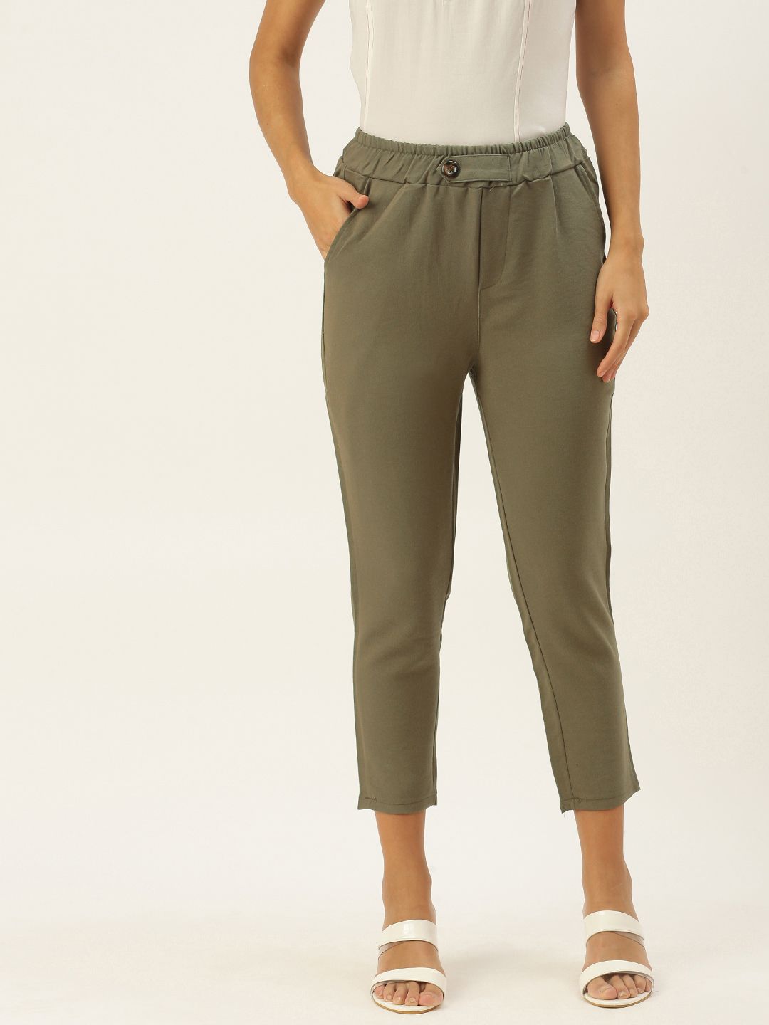 SHECZZAR Women Olive Green Trousers Price in India