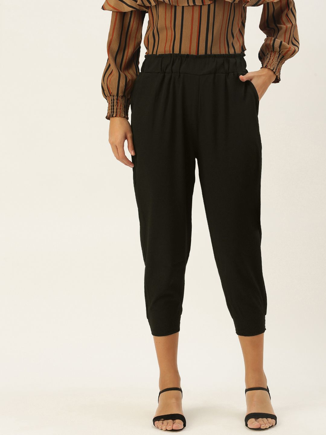 SHECZZAR Women Black Pleated Joggers Trousers Price in India