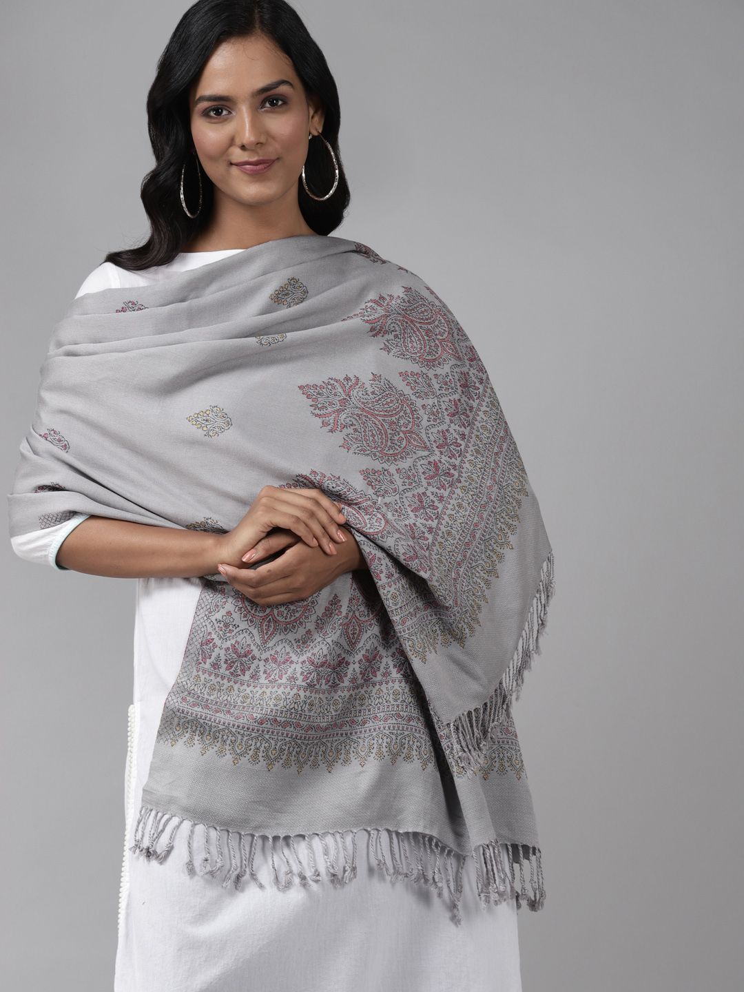 Indo Era Grey Ethnic Motifs Woven Design Stole Price in India