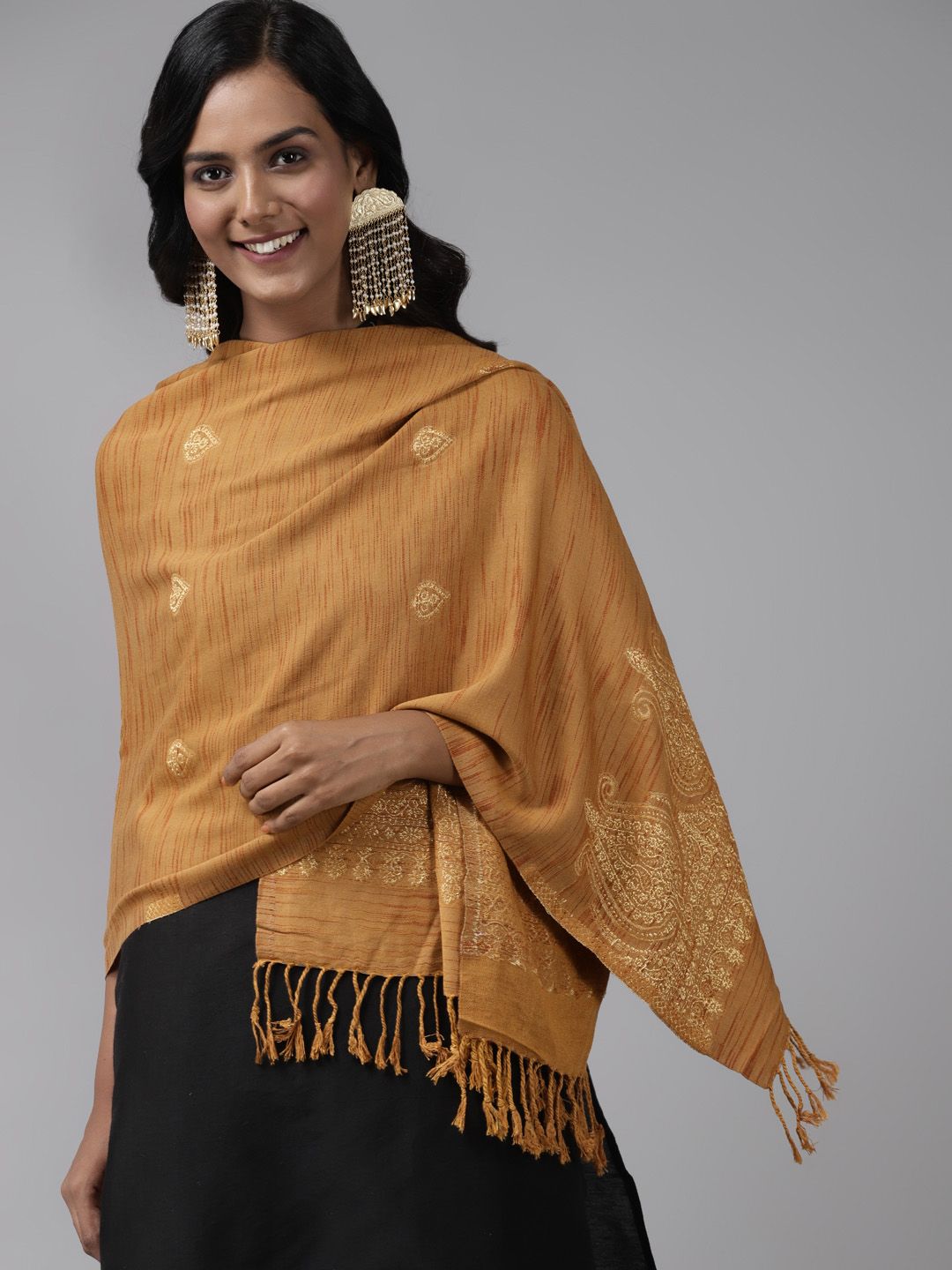 Indo Era Women Mustard Woven Design Stole Price in India