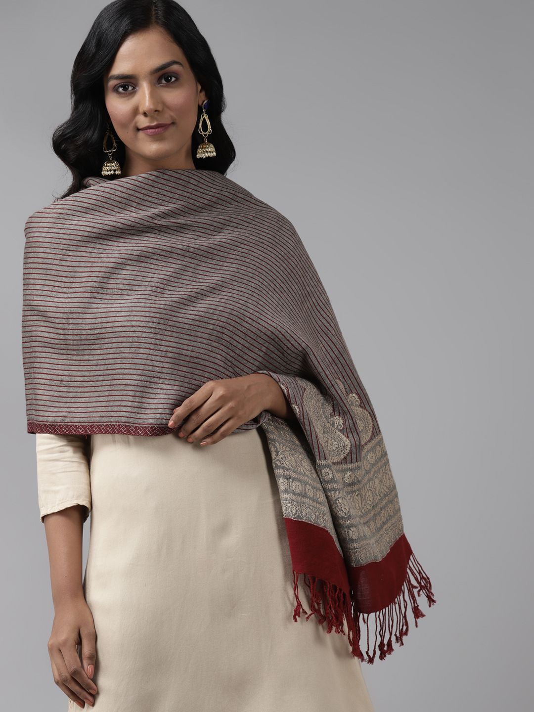 Indo Era Maroon & Grey Woven Design Viscose Rayon Stole Price in India