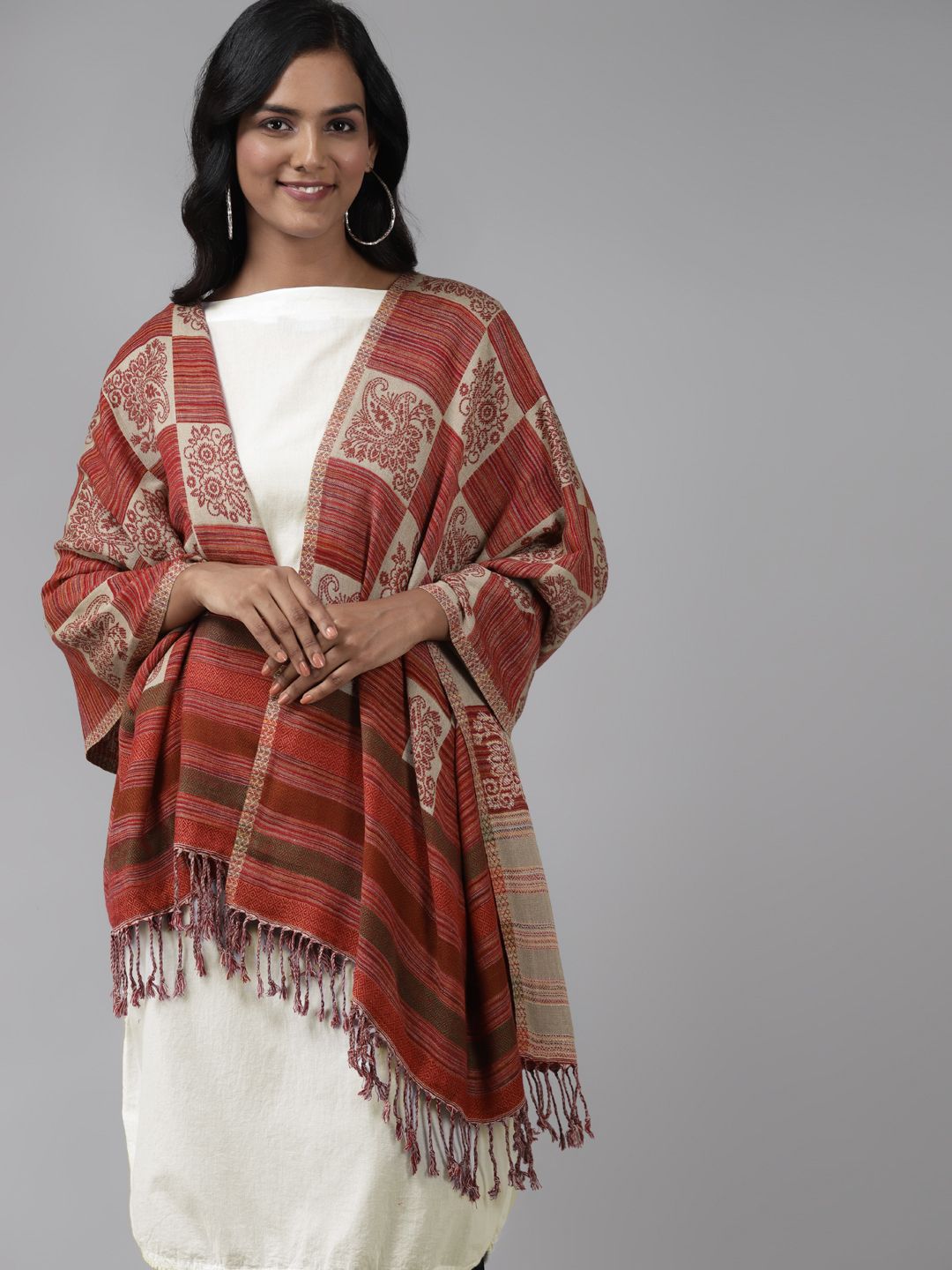 Indo Era Beige Ethnic Motifs Woven Design Viscose Rayon Stole Price in India