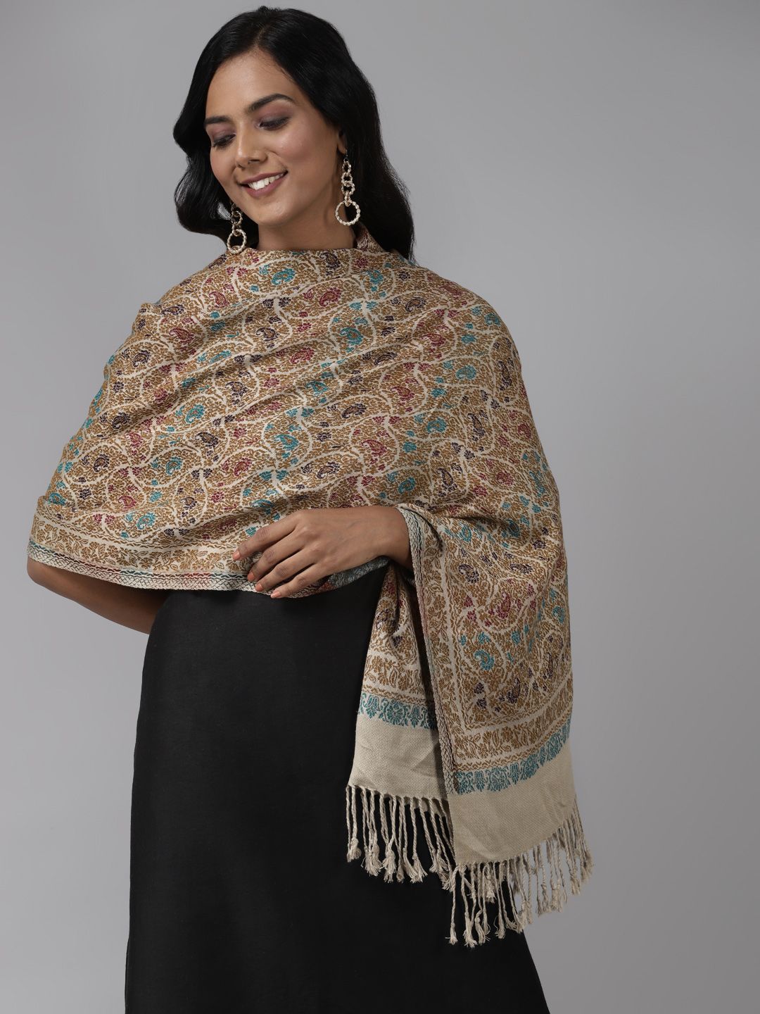 Indo Era Beige Paisley Woven Design Stole Price in India