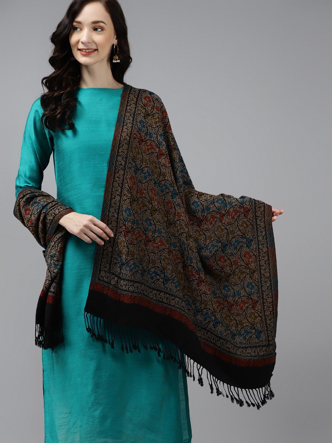 Indo Era Black Woven Design Liva Shawl Price in India