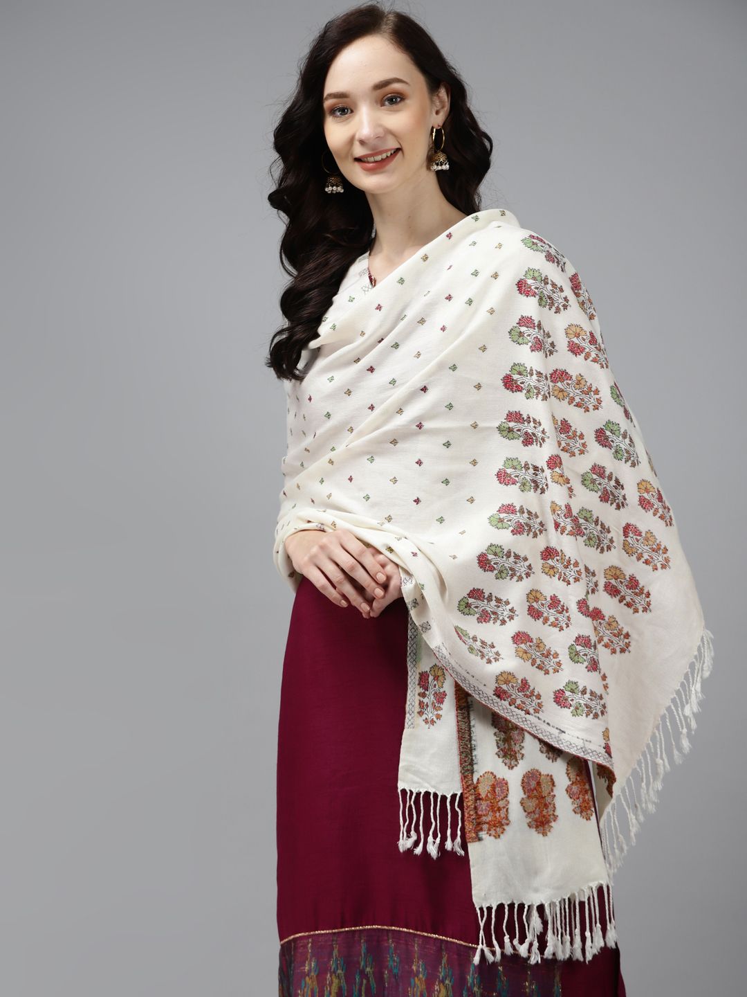 Indo Era White & Red Woven Design Viscose Rayon Liva Stole Price in India