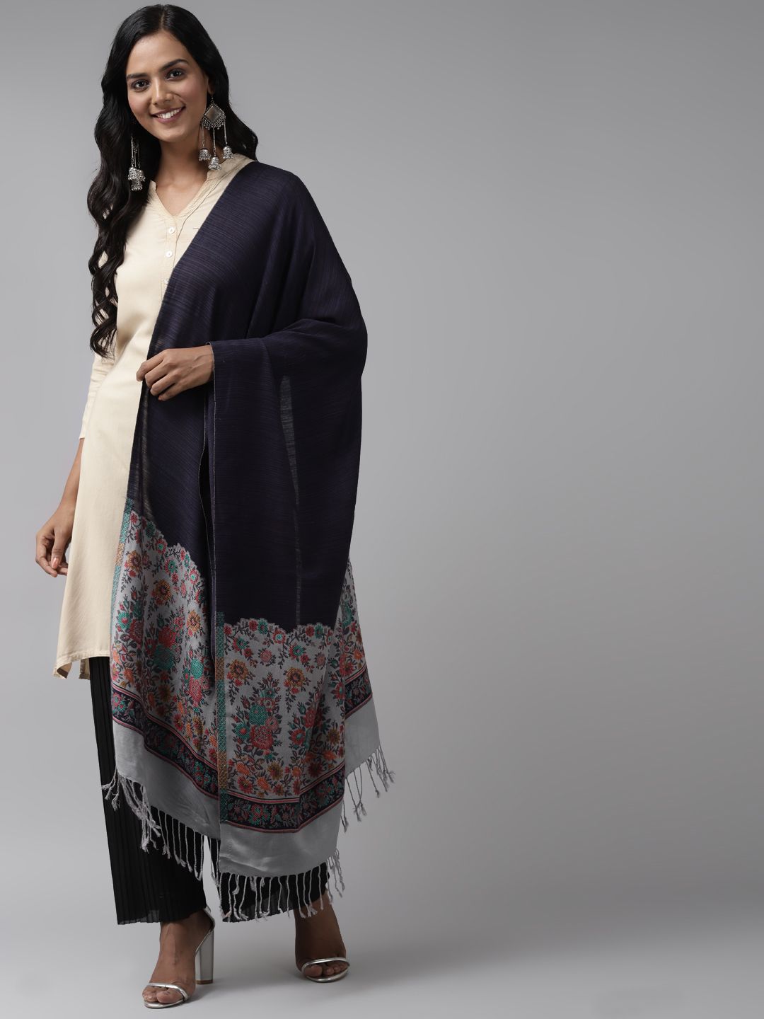 Indo Era Women Navy Blue & Grey Woven Design Stole Price in India