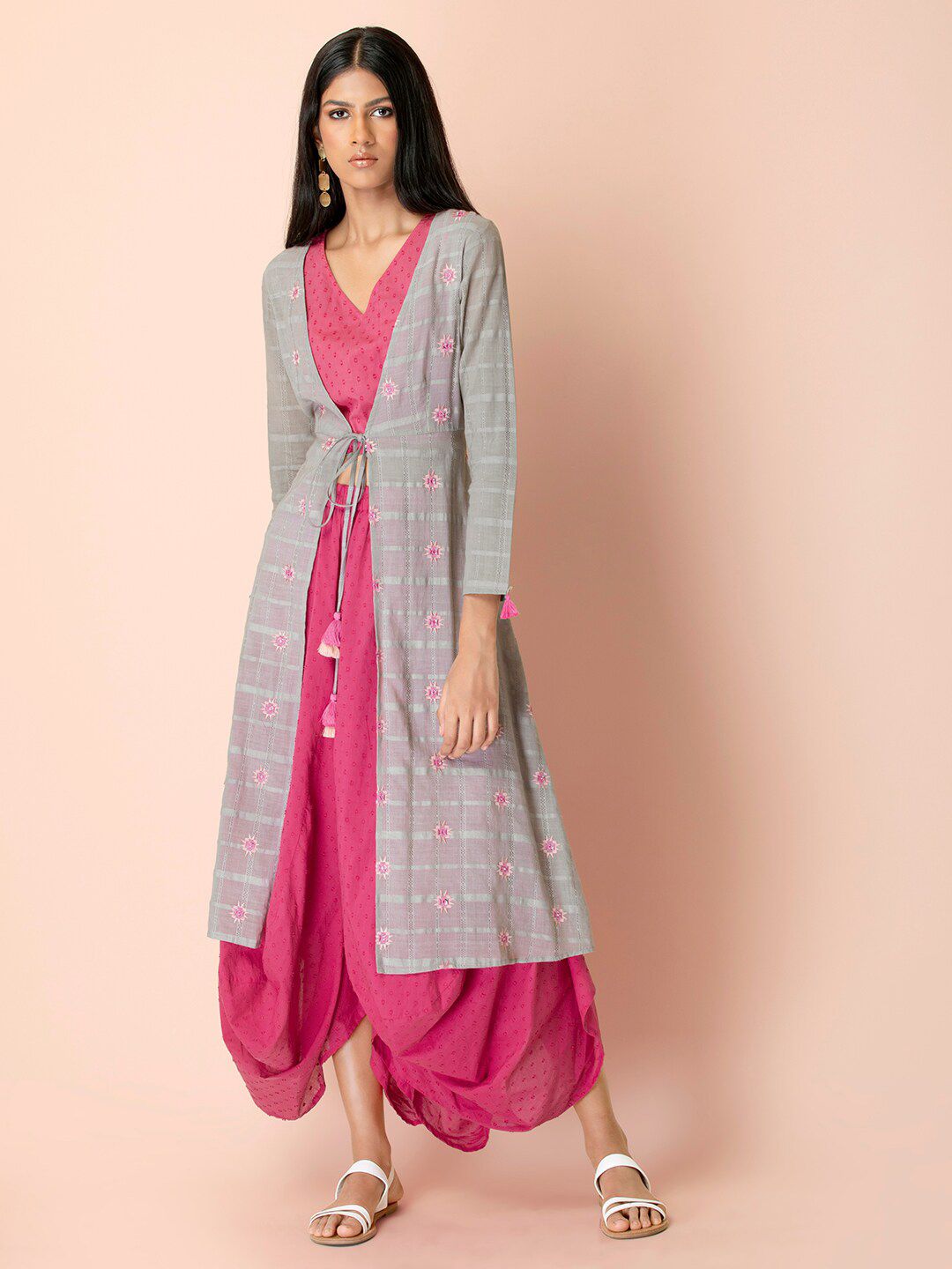 INDYA Women Grey & Pink Cotton Embroidered Jacket Price in India