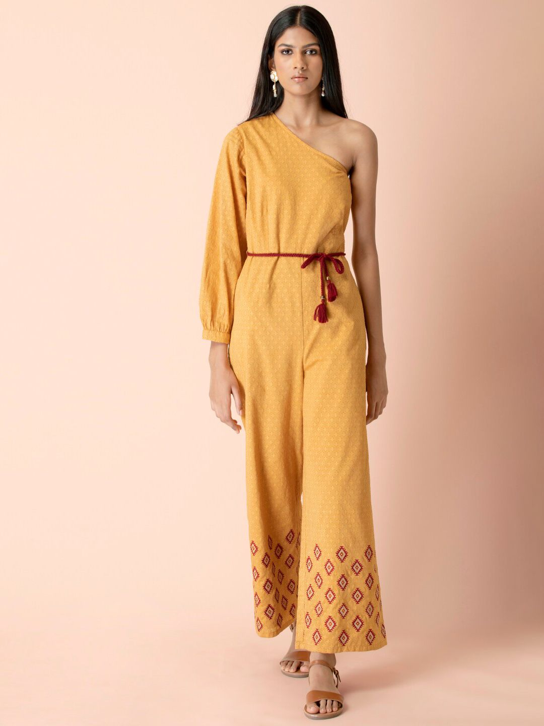 INDYA Mustard Boota One Shoulder Jumpsuit Price in India
