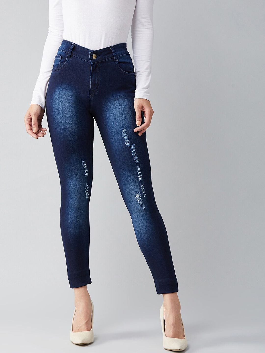 DOLCE CRUDO Women Blue Skinny Fit High-Rise Mildly Distressed Light Fade Stretchable Jeans Price in India