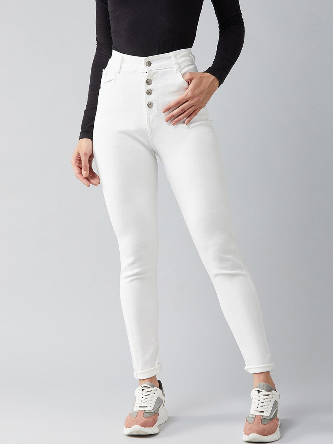 DOLCE CRUDO Women White Skinny Fit High-Rise Stretchable Jeans Price in India