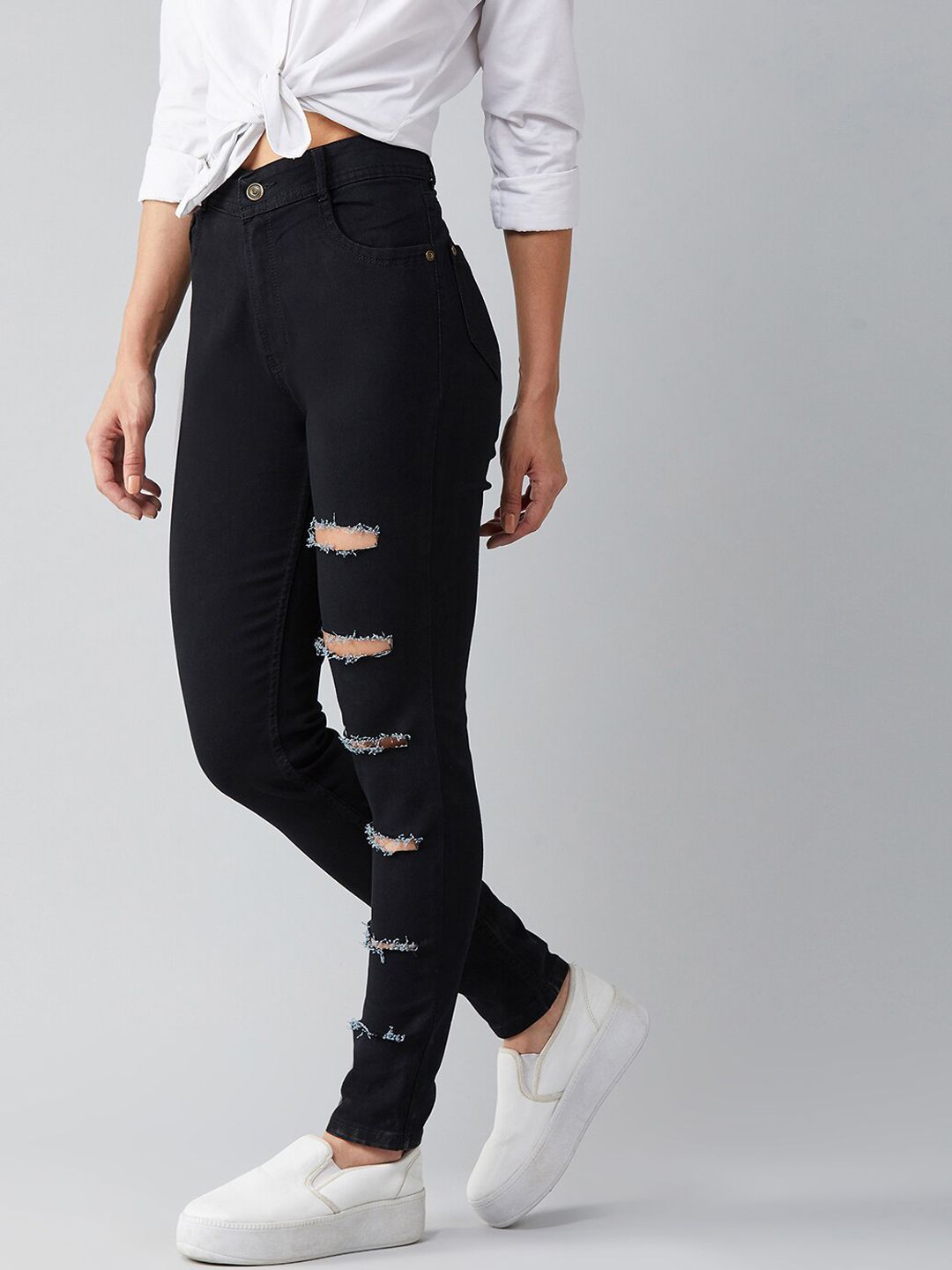 DOLCE CRUDO Women Black Slim Fit High-Rise Highly Distressed Stretchable Jeans Price in India