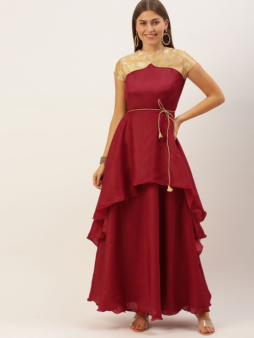 EthnoVogue Maroon & Beige Floral Layered Satin Maxi Dress Price in India