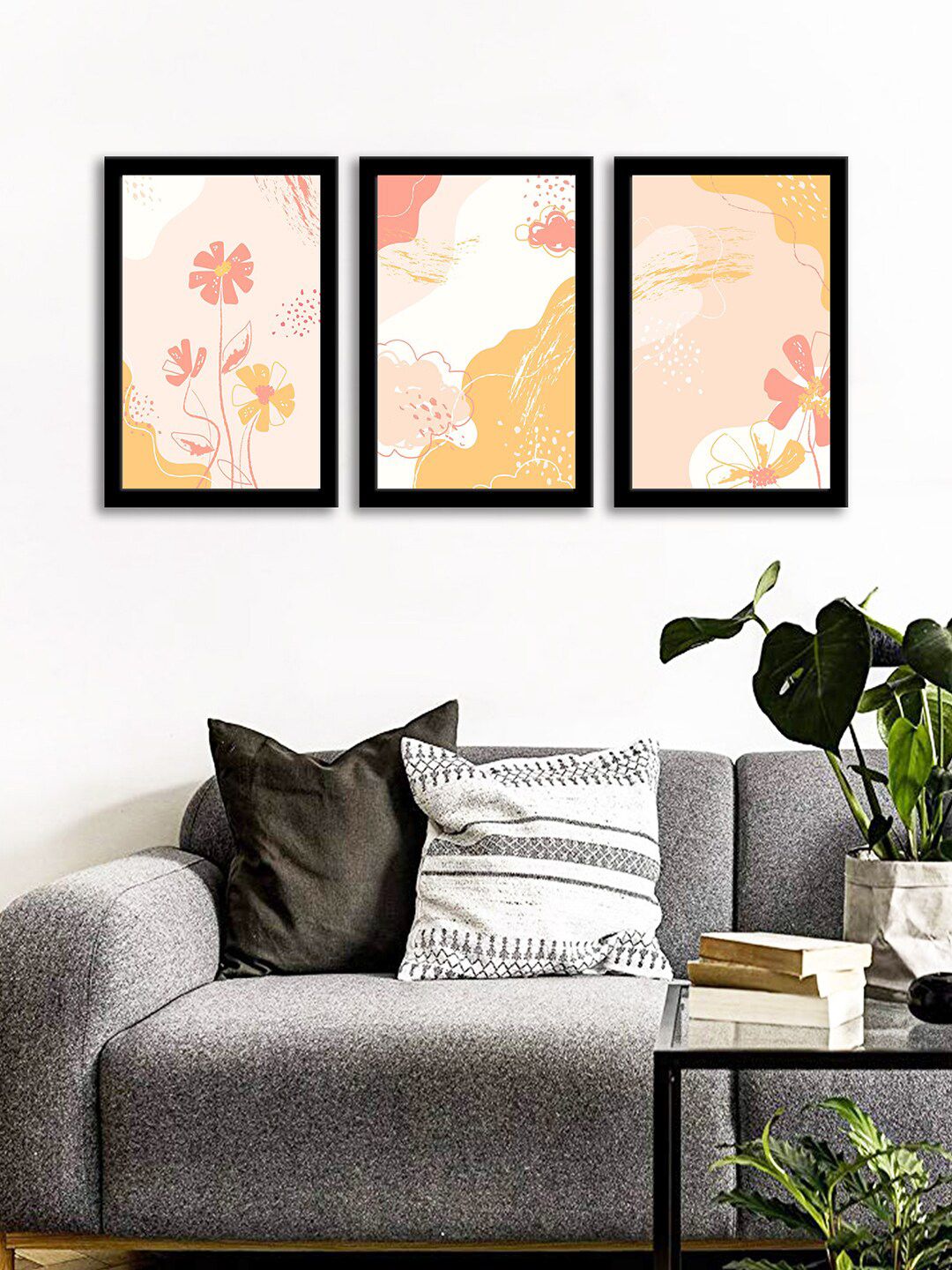 WENS Set Of 3 Orange & Yellow Abstract Watercolor Wall Art Paintings Price in India