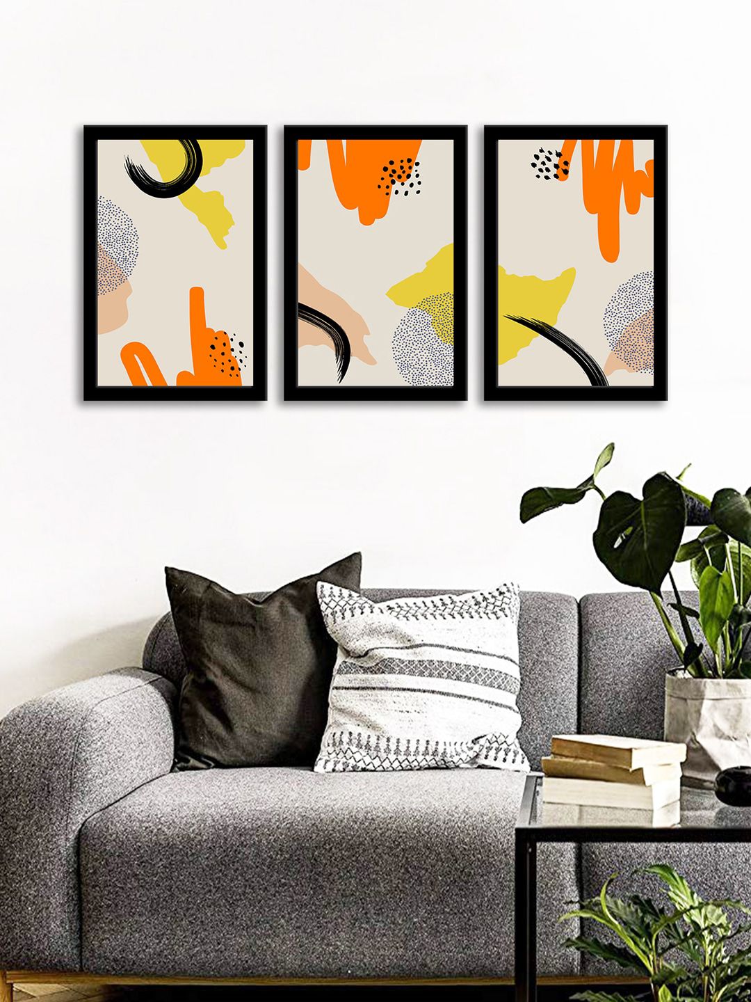 WENS Set Of 3 Orange & Yellow Abstract Retro Wall Art Paintings Price in India