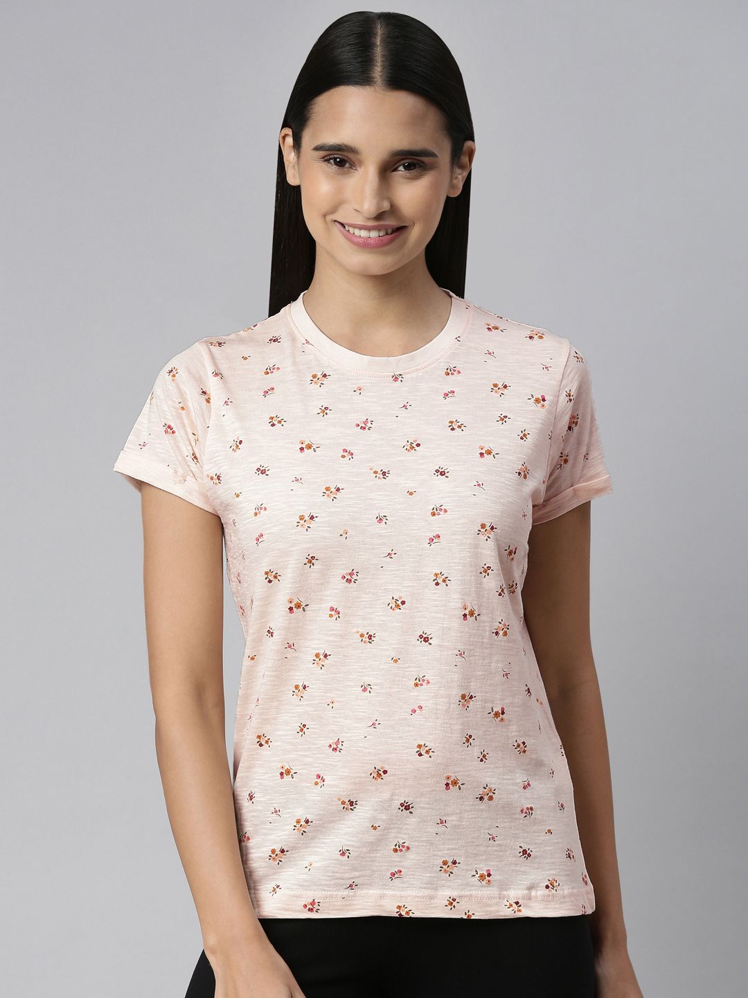 Kryptic Women Off-White & Peach-Coloured Floral Printed Pure Cotton Lounge T-Shirt Price in India