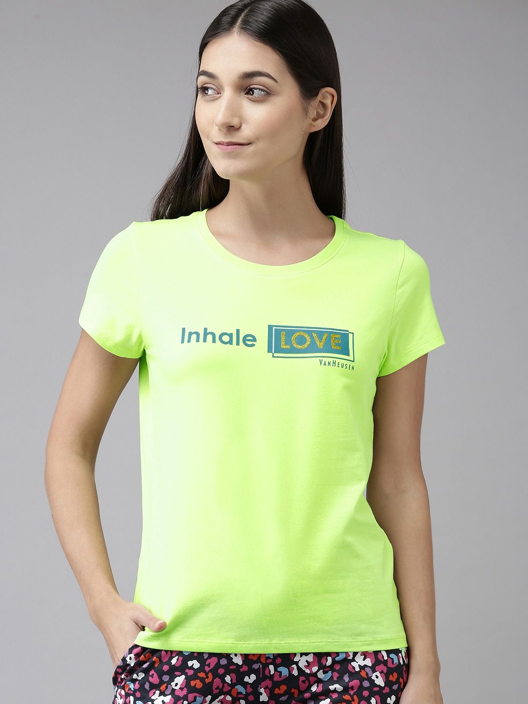 Van Heusen Women Fluorescent Green Printed Lounge Tshirt Price in India