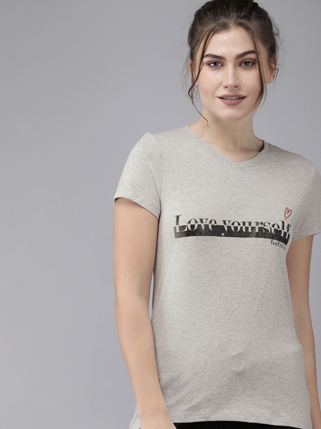 Van Heusen Women Grey Melange Solid Lounge T-shirts with Printed Detailing Price in India