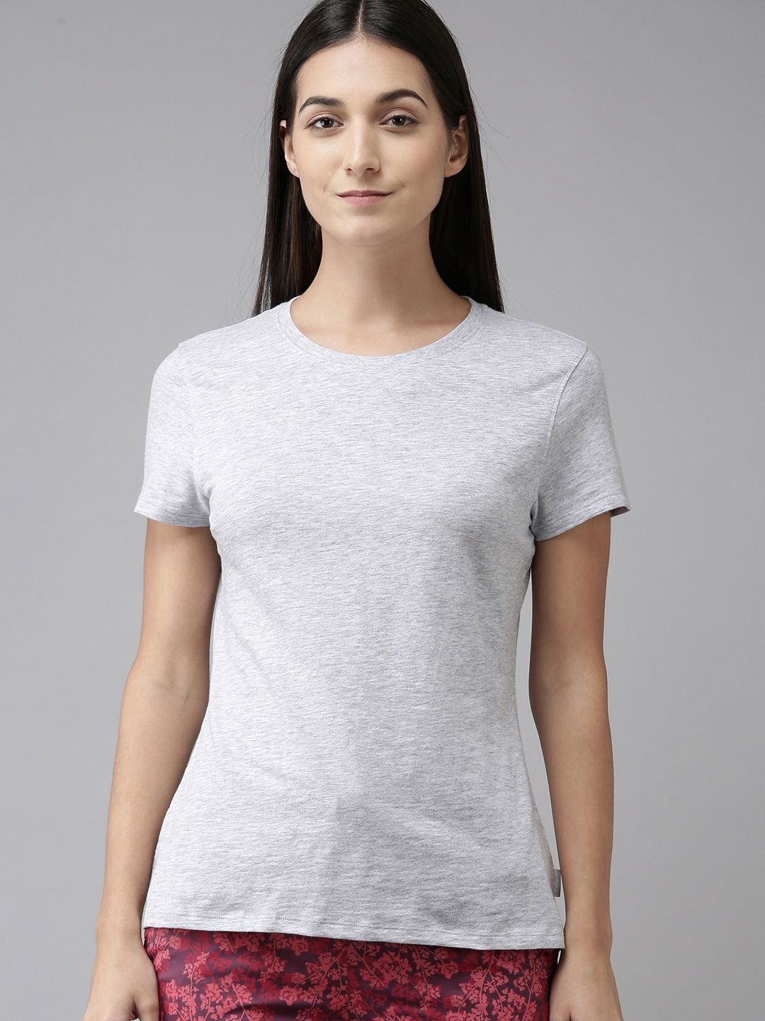 Van Heusen Women Grey Melange Solid Pure Cotton Lounge T-shirt Price in India