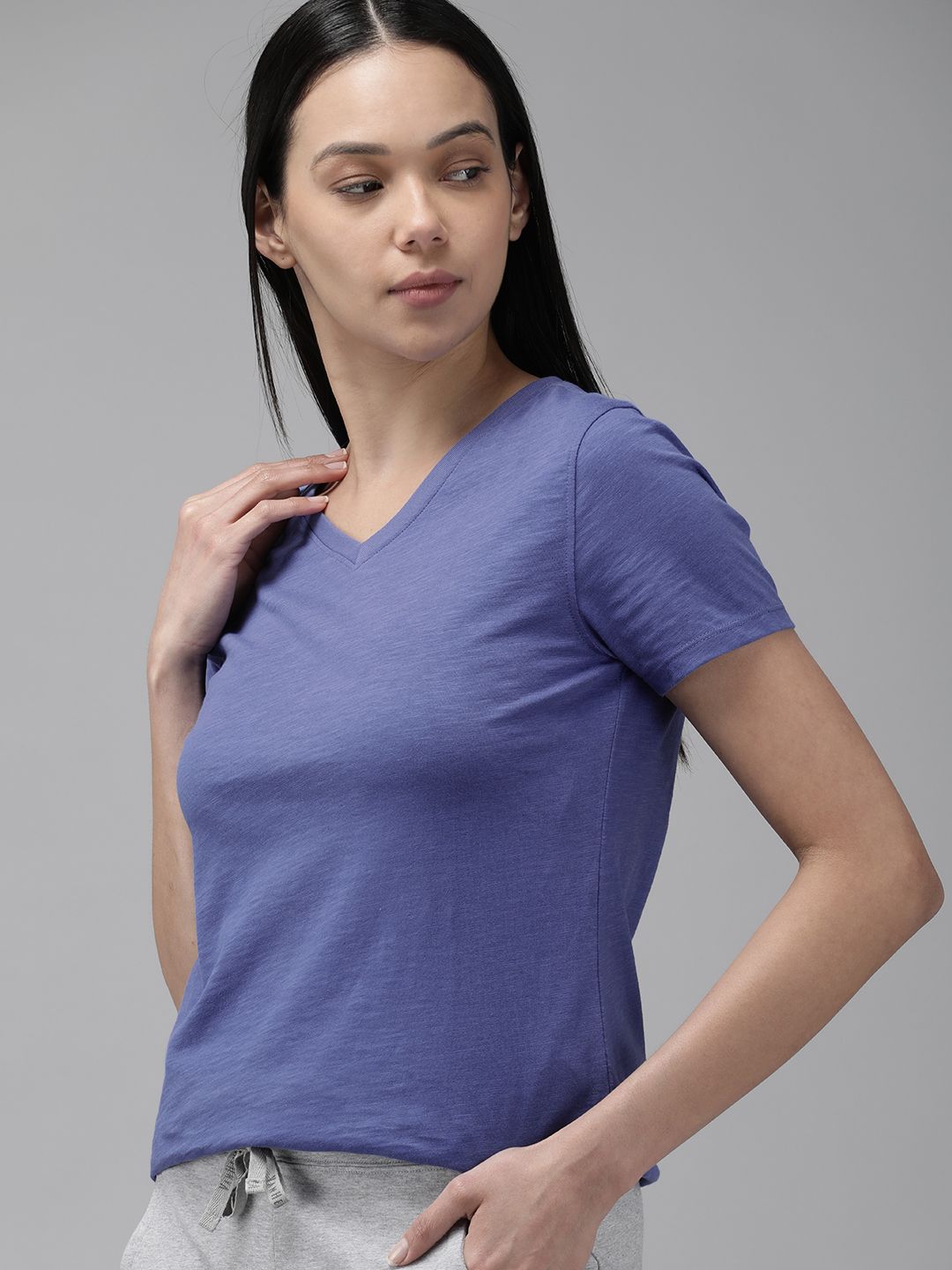 Van Heusen Women Blue Solid V-Neck Pure Cotton Lounge T-shirt Price in India