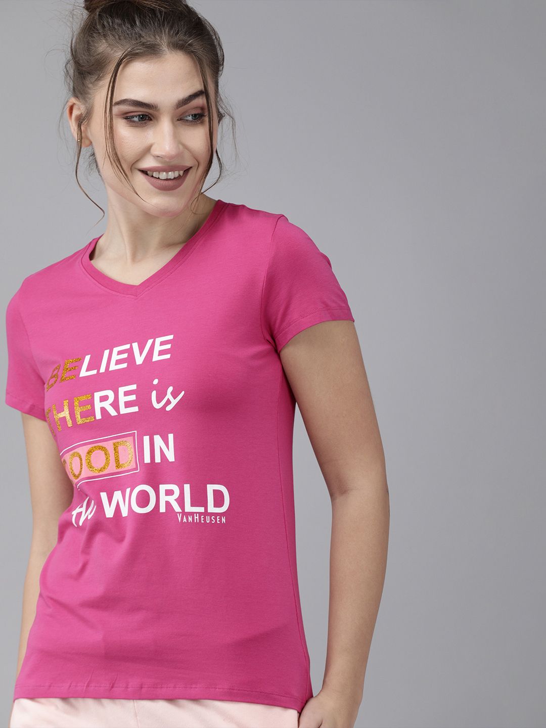 Van Heusen Women Pink Printed Lounge T-shirts Price in India