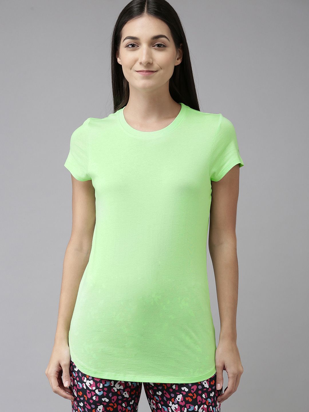 Van Heusen Women Fluorescent Green Curved Hem Lounge Tshirt Price in India