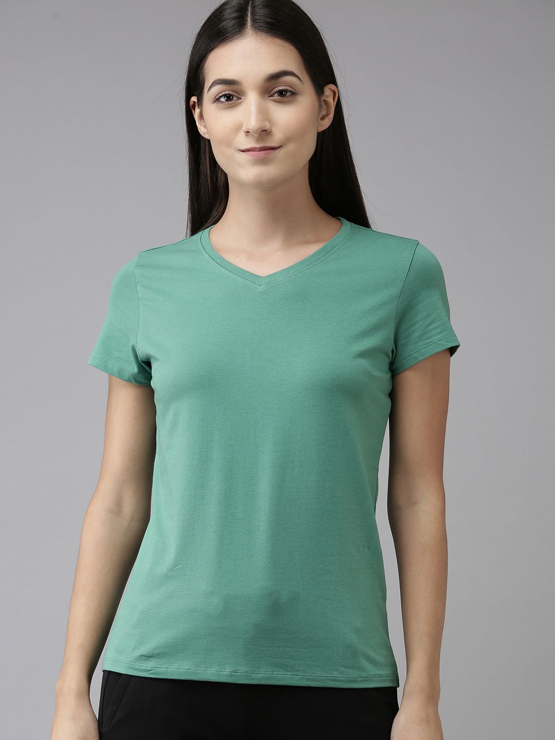 Van Heusen Women Green Solid V-Neck Lounge T-shirt Price in India