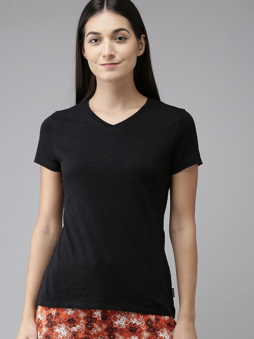 Van Heusen Women Black Solid V-Neck Pure Cotton Lounge T-shirt Price in India