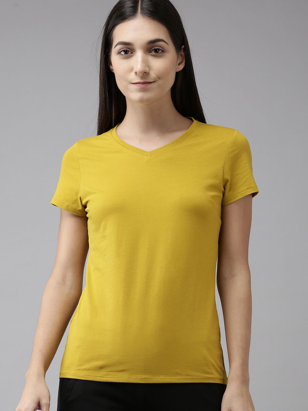 Van Heusen Women Mustard Yellow Solid V-Neck Lounge T-shirt Price in India