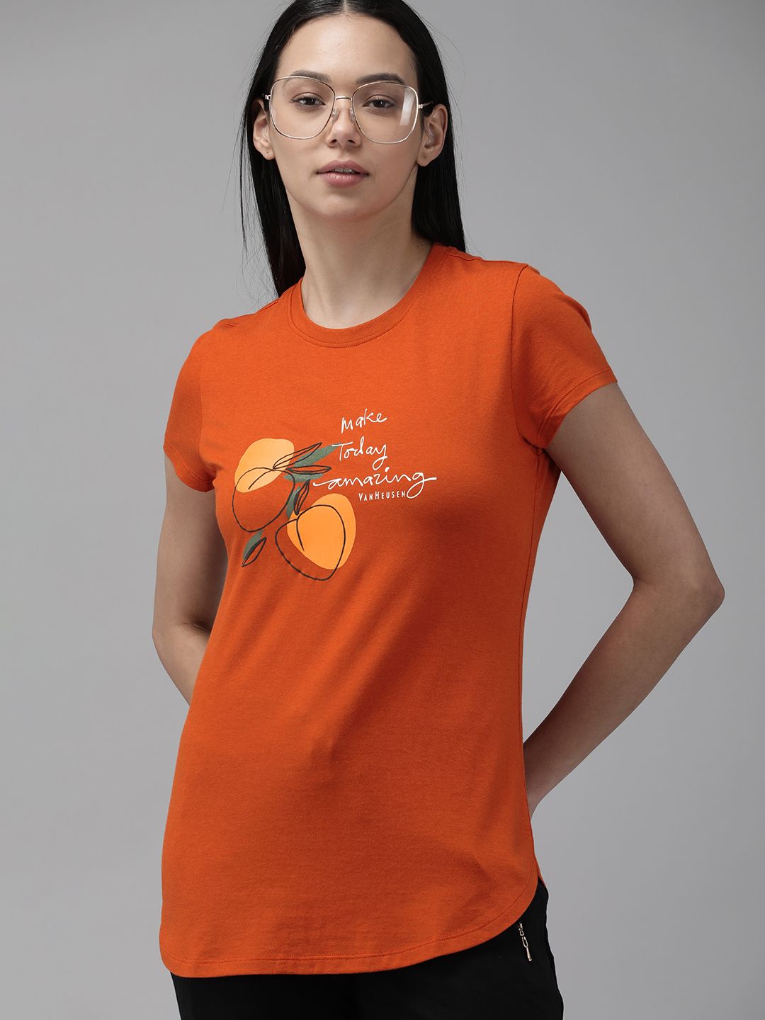Van Heusen Women Rust Orange Printed Lounge T-shirt Price in India