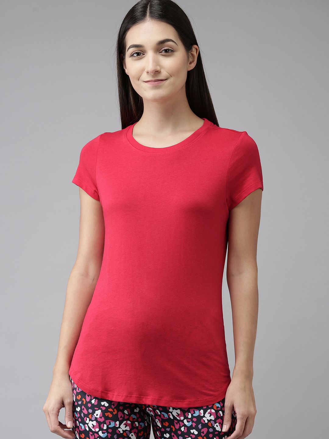 Van Heusen Women Red Curved Hem Lounge Tshirt Price in India