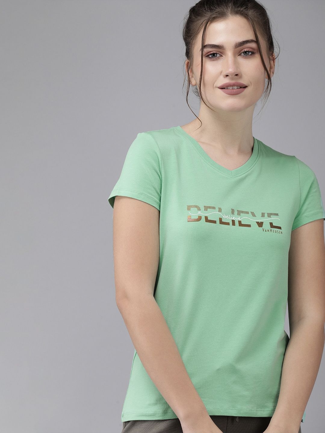 Van Heusen Women Sea Green Printed Lounge T-shirts Price in India