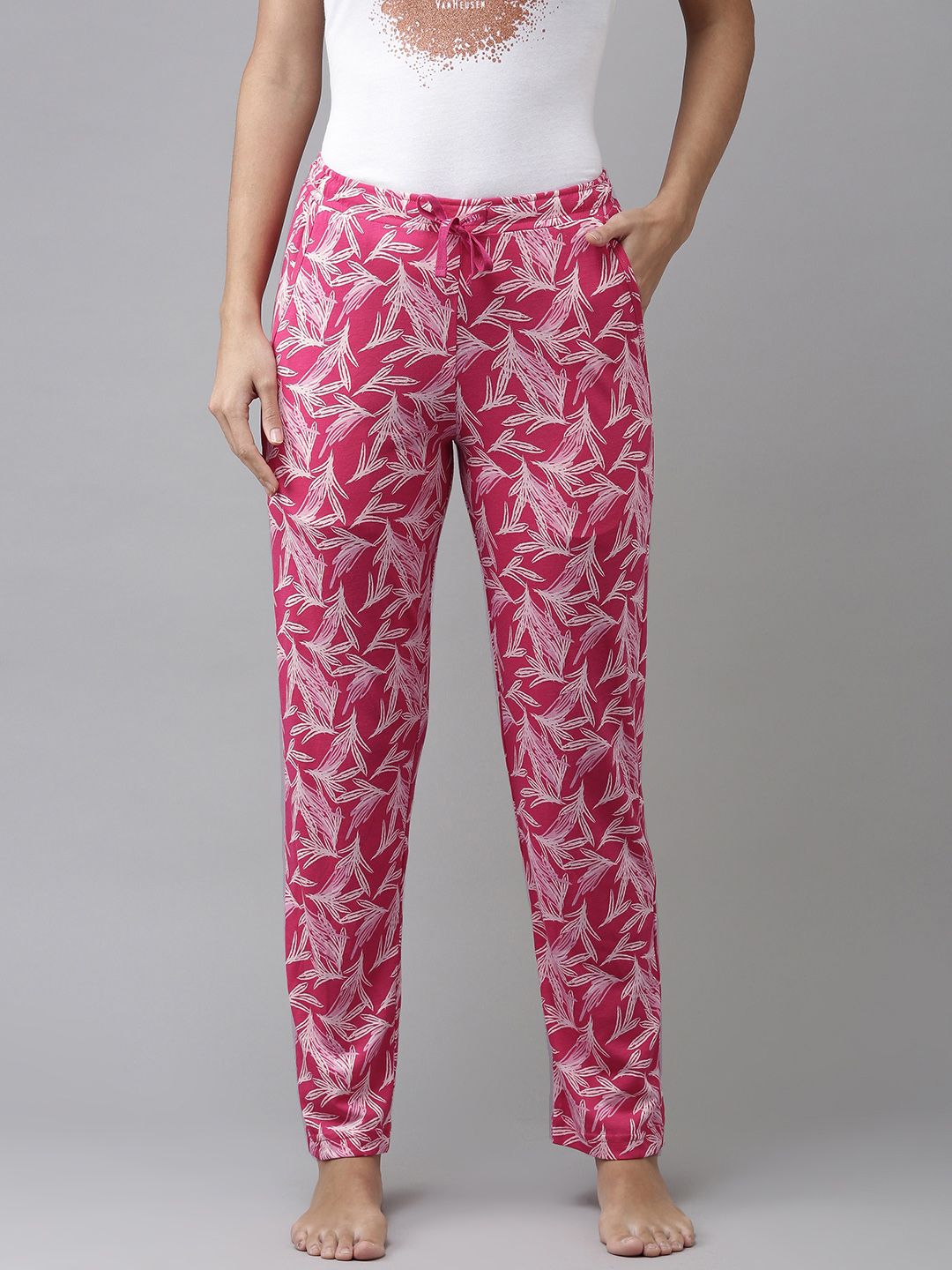 Van Heusen Women Pink & White Printed Soft Lounge Pants Price in India