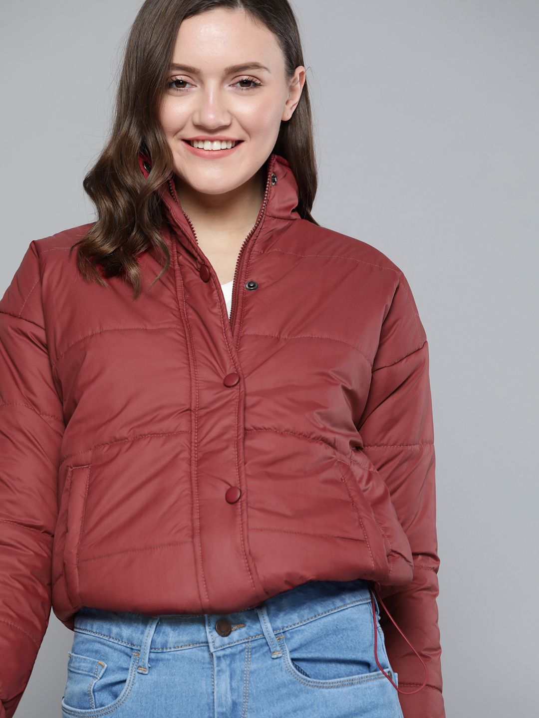 Mast & Harbour Women Maroon Solid Padded Jacket Price in India