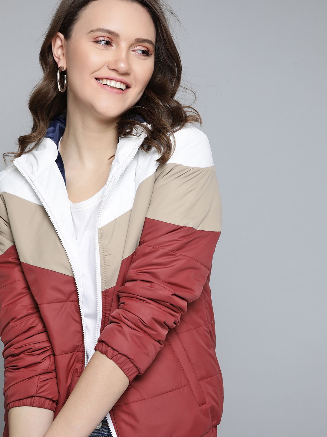 Mast & Harbour Women Maroon & White Colourblocked Hooded Bomber Jacket Price in India