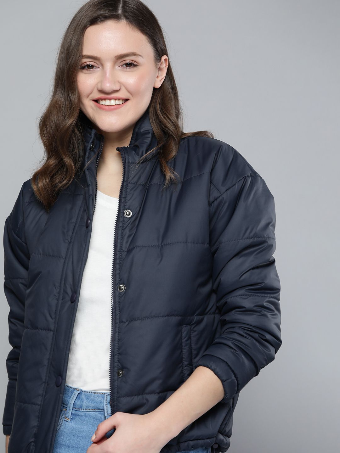 Mast & Harbour Women Navy Blue Solid Padded Jacket Price in India