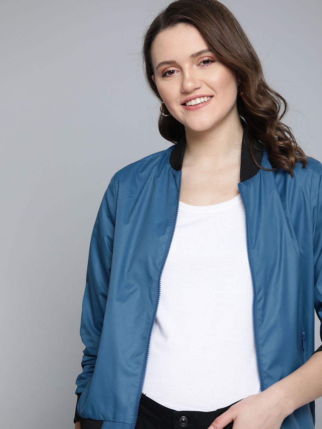 Mast & Harbour Women Teal Blue Bomber Jacket Price in India