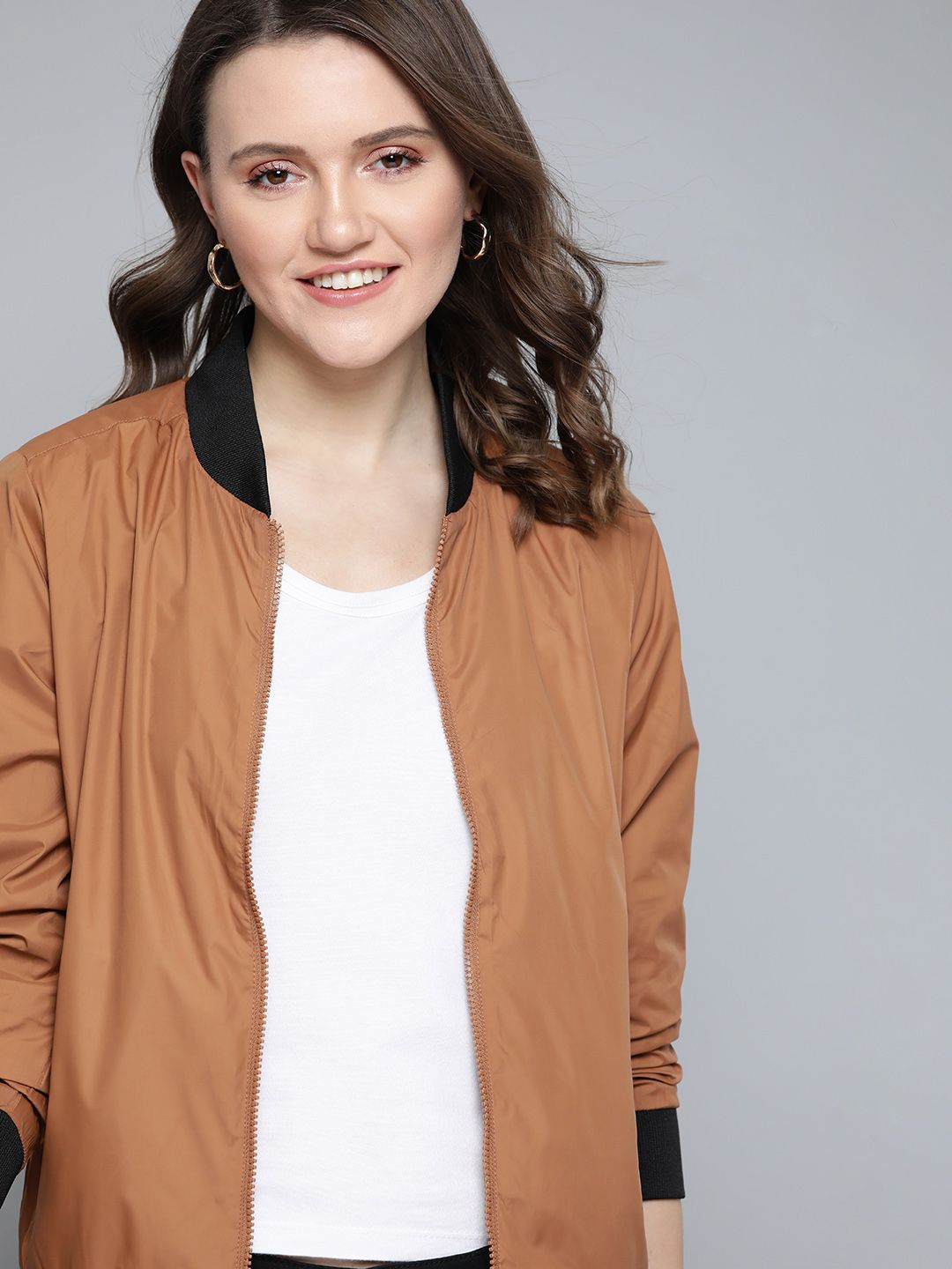 Mast & Harbour Women Brown Solid Bomber Jacket Price in India