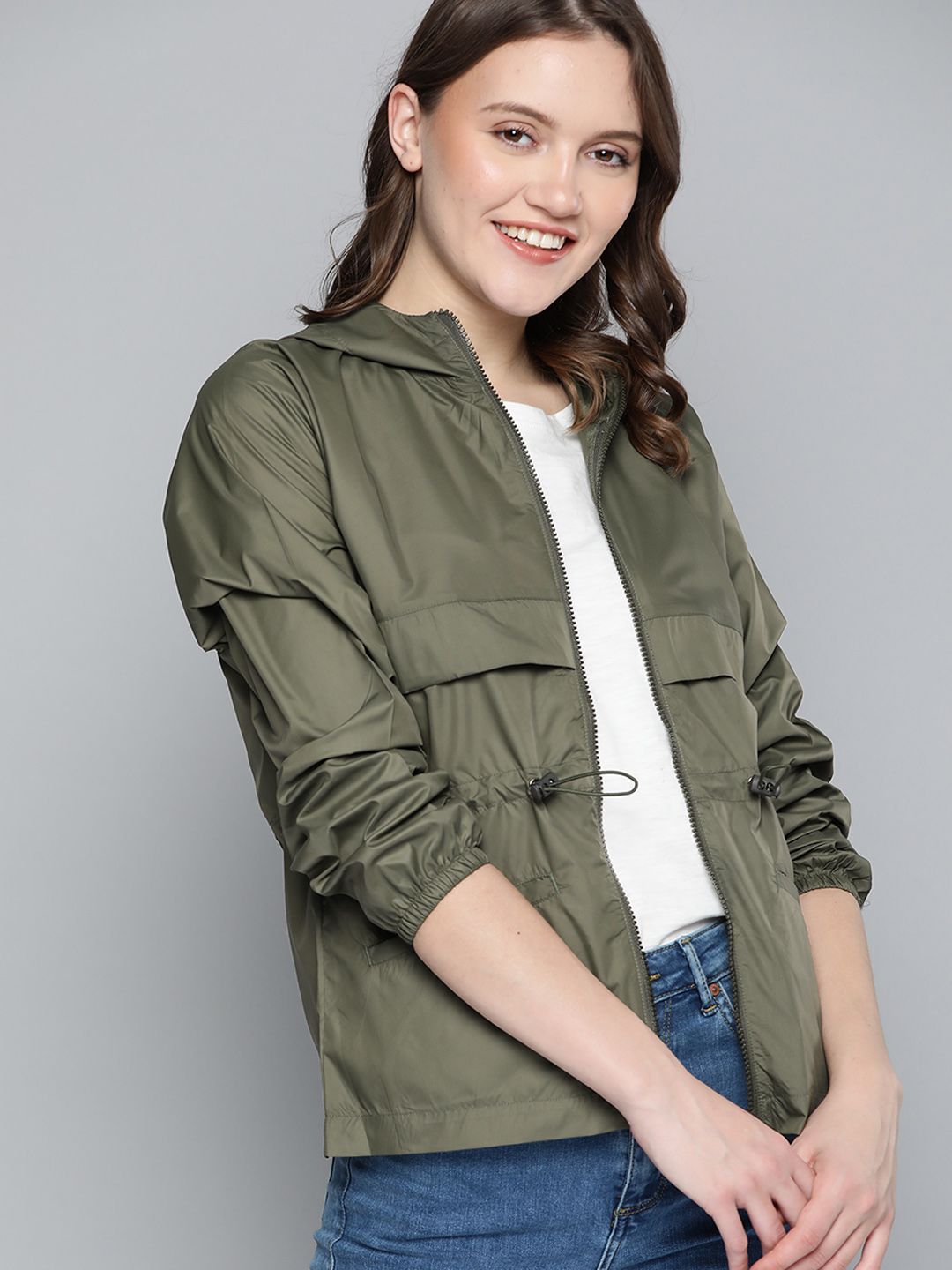 Mast & Harbour Women Olive Green Lightweight Hooded Jacket Price in India